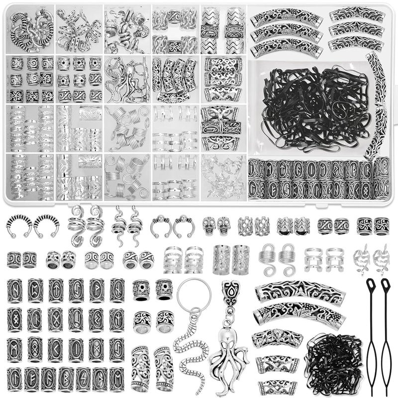 Jollidecor 247Pcs Viking Hair Accessories Norse Runes Tube Beads Metal Cuffs Clips Rings, Dreadlock Beads Braids Locs Hair Jewelry Set for Women Men Beard Decoration Bracelets Necklace DIY Silver - Image 1